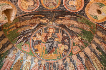 Fresco in abandoned cave church of the Cross Crusader Church at Rose valley in Cappadocia region