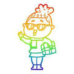 rainbow gradient line drawing cartoon happy woman wearing spectacles