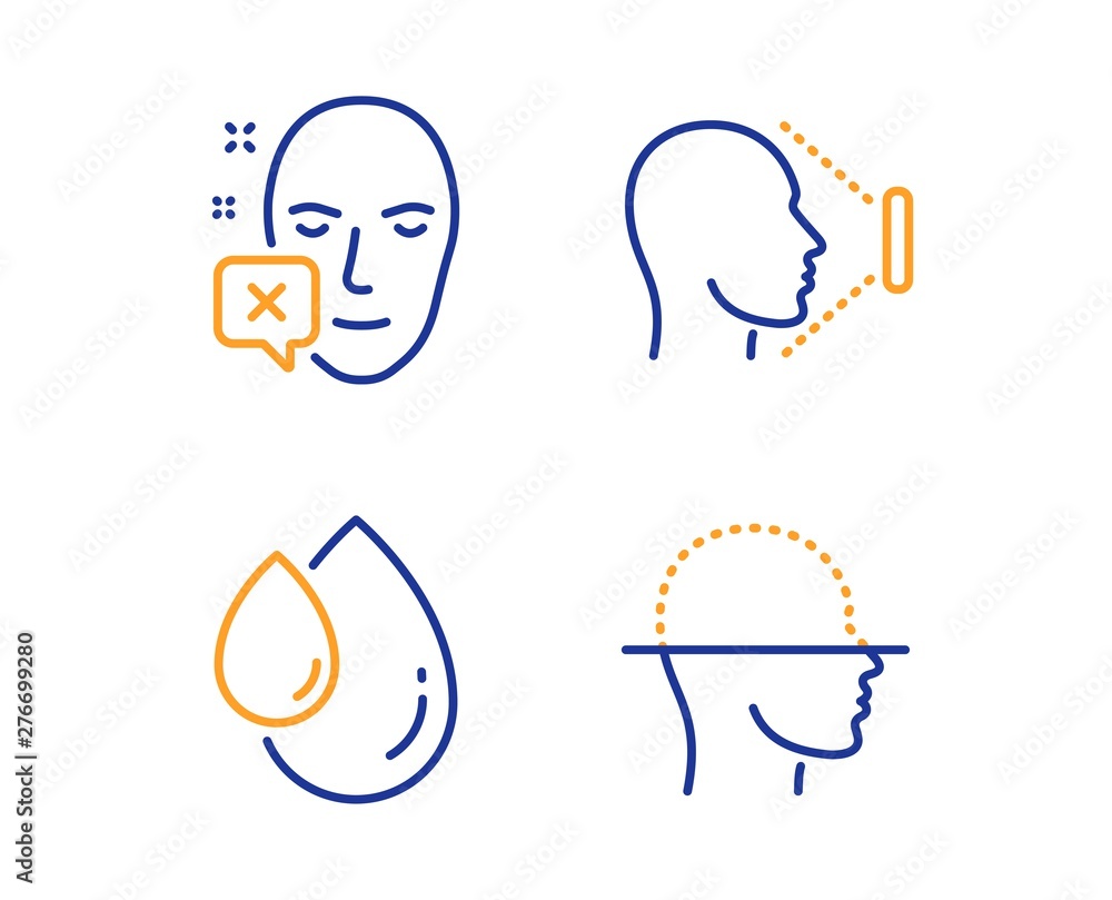 Poster face declined, oil drop and face id icons simple set. identification error, serum, identification sy