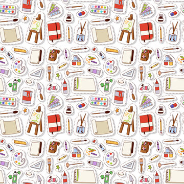 Painting art tools palette vector illustration details stationery creative paint equipment creativity artist instrument seamless pattern background.