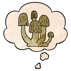 cartoon mushrooms and thought bubble in grunge texture pattern style