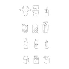 Milk products. Black and white line icon set.
