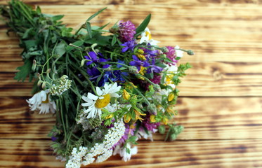 Bouquet of wild flowers on wooden background