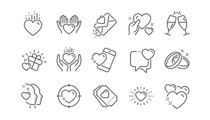Love line icons. Gift box, Heart and Romantic letter. Wedding rings, glasses with champagne, love heart icons. Linear set. Vector