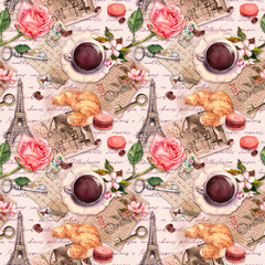 Hand written letters, Eiffel Tower, coffee or tea cup, macaroon cakes, rose flowers, stamps and keys. Vintage seamless pattern