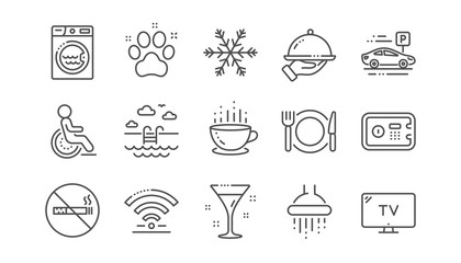 Fototapeta na wymiar Hotel service line icons. Wi-Fi, Air conditioning and Washing machine. Pets, swimming pool and hotel parking icons. Linear set. Vector