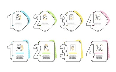 Thumb down, Women headhunting and Hospital nurse icons simple set. Face detection sign. Decline file, Women teamwork, Medical assistant. Detect person. People set. Infographic timeline. Vector