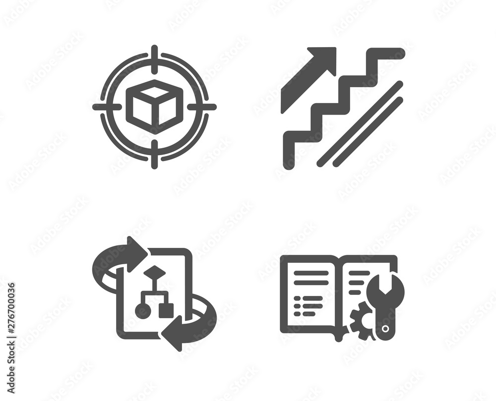 Aufkleber set of stairs, parcel tracking and technical algorithm icons. engineering documentation sign. stairw