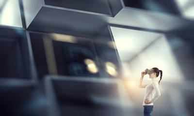 Young female in virtual reality. Mixed media