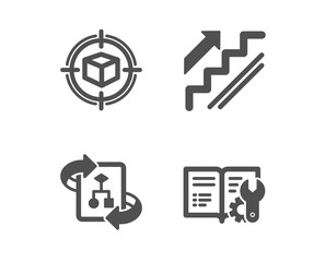 Set of Stairs, Parcel tracking and Technical algorithm icons. Engineering documentation sign. Stairway, Box in target, Project doc. Manual.  Classic design stairs icon. Flat design. Vector