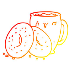 warm gradient line drawing cartoon coffee and donuts