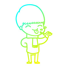cold gradient line drawing cartoon boy sticking out tongue