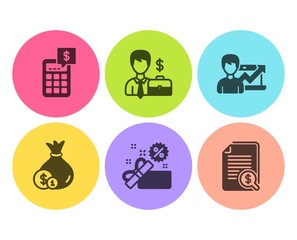Success business, Sale and Businessman case icons simple set. Calculator, Cash and Financial documents signs. Growth chart, Gift box. Finance set. Flat success business icon. Circle button. Vector