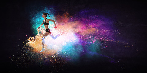 Fast running young woman. Mixed media