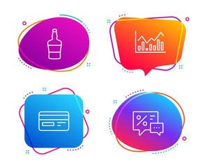 Scotch bottle, Credit card and Infochart icons simple set. Discounts sign. Brandy alcohol, Card payment, Stock exchange. Best offer. Speech bubble scotch bottle icon. Colorful banners design set