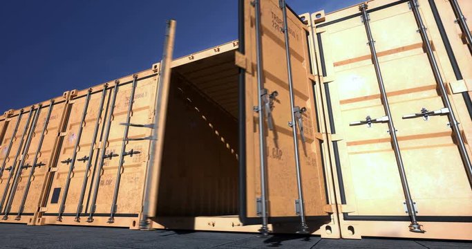 Empty yellow shipping container doors opening towards camera. Cargo shipping containers are the best for import or export large amount of different goods