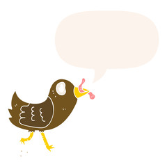 cartoon bird and worm and speech bubble in retro style