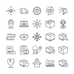 Logistics, Shipping document line icons. Set of Truck Delivery box, Checklist icons. Parcel tracking shipping, World trade logistics. Location pin, Goods parcel insurance and document. Vector