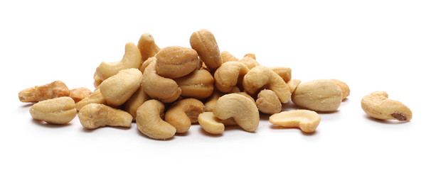 Salted cashew nuts isolated on white background