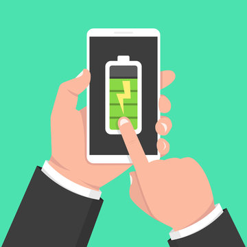 Hand holding smartphone with full battery on the screen. Vector illustration.