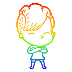 rainbow gradient line drawing cartoon squinting girl