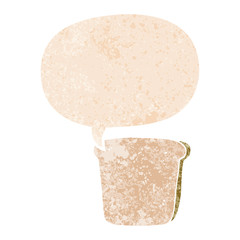 cartoon slice of bread and speech bubble in retro textured style