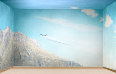 Summer mountain hills landscape and cloudy sky in one room