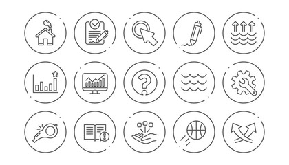 Fototapeta premium Waves, Whistle and Global warming line icons. Signature, Analytics and Question mark. Linear icon set. Line buttons with icon. Editable stroke. Vector