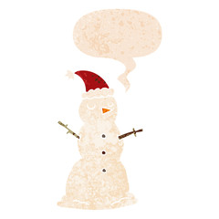 cartoon snowman and speech bubble in retro textured style