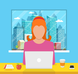 Woman sitting in the room and working on a laptop. Town and skyscraper in the window. Vector illustration.