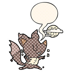 cartoon halloween werewolf changing in moonlight and speech bubble in comic book style