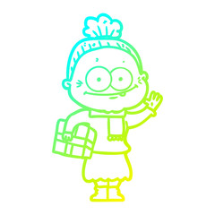 cold gradient line drawing cartoon happy old woman