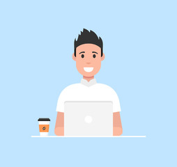 Man at his desk is working on the laptop computer and drinking coffee. Freelance job concept. Vector illustration.