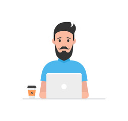 Man at his desk is working on the laptop computer and drinking coffee. Freelance job concept. Vector illustration.