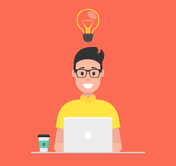 Man at his desk is working on the laptop computer and drinking coffee. Freelance job concept. Vector illustration.