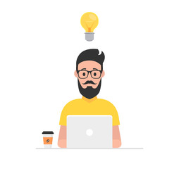 Man at his desk is working on the laptop computer and drinking coffee. Freelance job concept. Vector illustration.