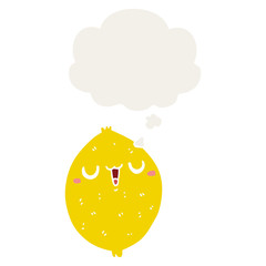 cartoon happy lemon and thought bubble in retro style
