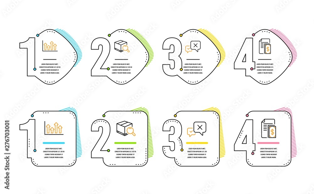Poster search package, reject and upper arrows icons simple set. payment sign. tracking service, delete mes