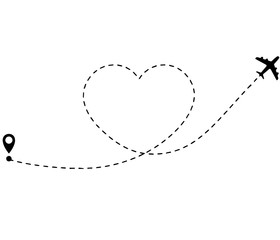 Love airplane route. Romantic travel, heart dashed line trace and plane routes. Hearted airplane path, flight air dotted love valentine day drawing isolated vector illustration