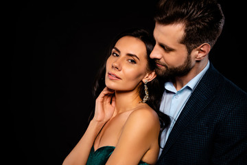 Close-up profile side view portrait of his he her she nice-looking adorable shine attractive lovely lovable winsome luxurious passionate two person soul mate sweet heart isolated over black background