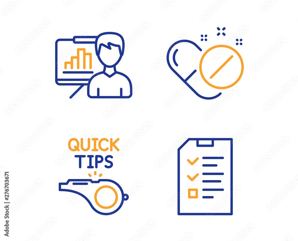 Poster presentation board, tutorials and medical pills icons simple set. interview sign. growth chart, quic