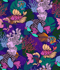 Pattern of fantastic fishes and sea voyages. Vector illustration. Suitable for fabric, wrapping paper and the like