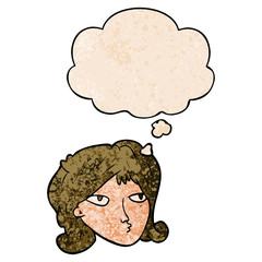 cartoon woman and thought bubble in grunge texture pattern style