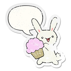 cute cartoon rabbit and muffin and speech bubble distressed sticker