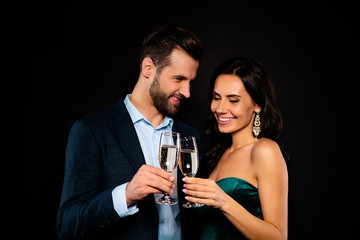 Close-up portrait of his he her she nice pretty well-dressed attractive classy winsome glamorous lovely luxury smart cheerful cheery two person wedding greetings isolated over black background