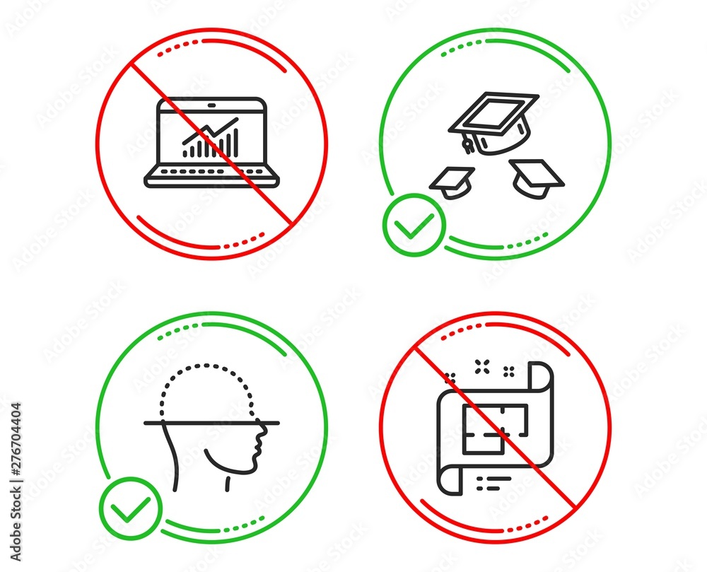Poster do or stop. throw hats, face scanning and online statistics icons simple set. architectural plan sig