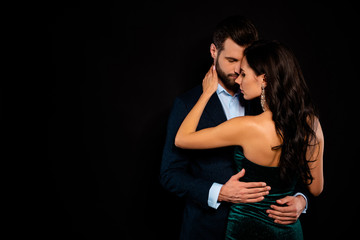 Portrait of his he her she nice-looking attractive shine lovely luxurious passionate adorable two person caressing St Valentine day copy space isolated over black background