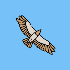 Eagle flight line icon. Hawk wingspan symbol. Bird of prey flying graphic isolated on blue background. Vector illustration.