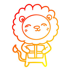 warm gradient line drawing cartoon lion with christmas present