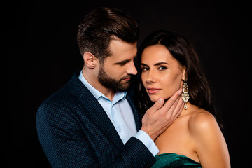 Close-up portrait of his he her she nice-looking attractive lovely lovable shine delicate winsome glamorous luxurious two people isolated over black background